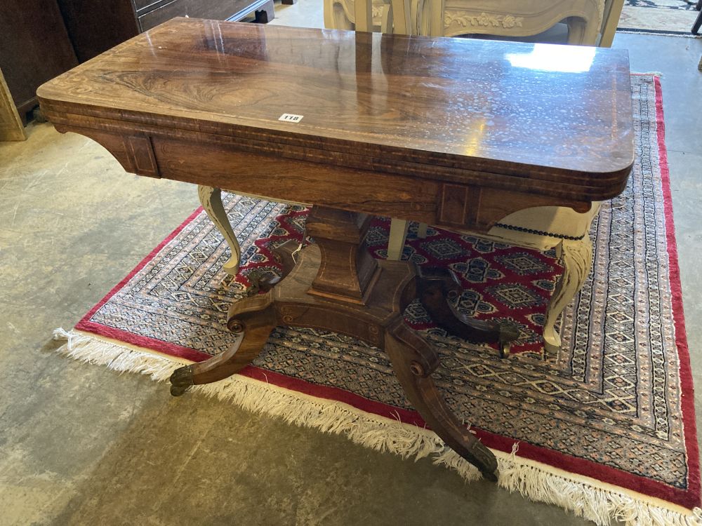 A Regency rosewood folding card table, width 90cm, depth 44cm, height 75cm